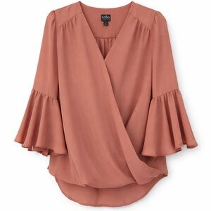 SoHo New York & Company XS Dusty Rose Faux Wrap Bell Sleeve Blouse Boho Romantic